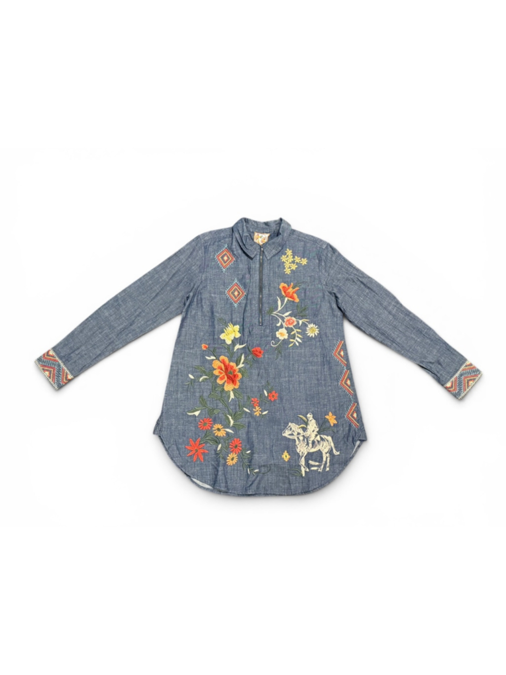 Johnny Was Helena Embroidered Chambray Zip Tunic Shirt XS Western Floral NWT - Picture 3 of 11